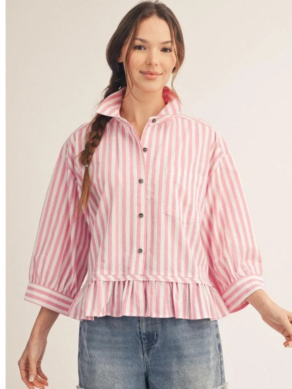 JODIFL Pink and White Striped Ruffle Hem Button-Up Blouse